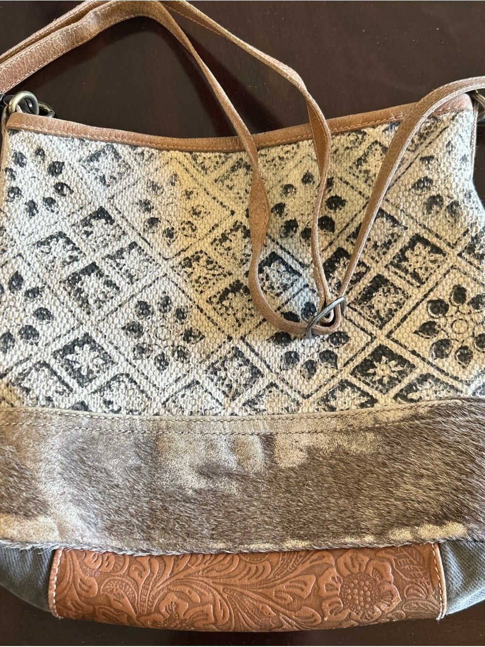 MYRA Bag Tapestry Cotton Hairon Tooled Leather Distressed Crossbody Western